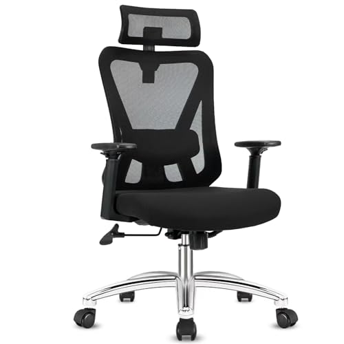 Durrafy Ergonomischer Bürostuhl, Schreibtischstuhl hat Kopfstütze, Lendenwirbelstütze, Armlehnen, Höhenverstellung, Drehstuhl mit 90°-130° Liegefunktion (Arretierbar), Belastung bis 150KG
