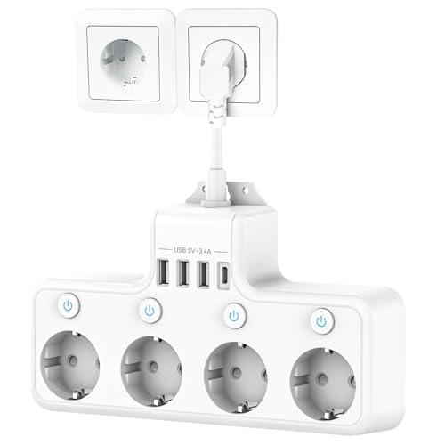 Steckdosenleiste mit USB, 4 Fach Unabhängige Schaltdosen Mehrfachsteckdose mit USB C (PD 20W) und 3 USB-A, Steckdosenadapter mit Kable USB Mehrfachstecker für Zuhause Büro