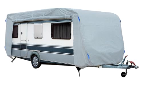 GreenYard® Abdeckplane für Wohnwagen oder Wohnmobile Camping Schutzhülle | Schutz vor Staub und Nässe | wasserabweisend und atmungsaktiv | langlebig (Größe S 460 x 250 x 220 cm)