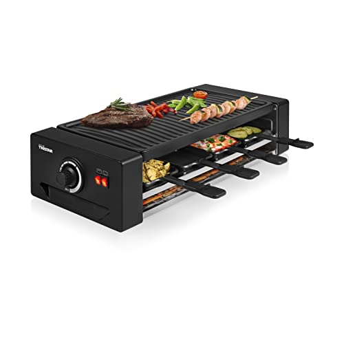 Tristar RA-2736 Multifunktionales Raclette- und Pizzagerät einstellbarer Thermostat mit doppeltem Heizelement 43 x 23 cm Kochfläche für 8 Personen BPA-frei 1300 Watt, Schwarz