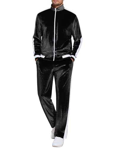 COOFANDY Herren-Trainingsanzug, 2-teiliges Set, Velourssamt, Jogginganzug, durchgehender Reißverschluss, Jacke, Hose, Outfits, Schwarz, Medium