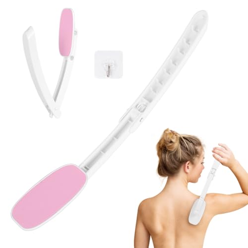 LOPHE Rücken Eincremehilfe, Körperwäsche Lotion Applikator, Rückenbürste mit Applikator Pads, Rückenbürste mit langem Griff, Rückenschrubber（Rosa）