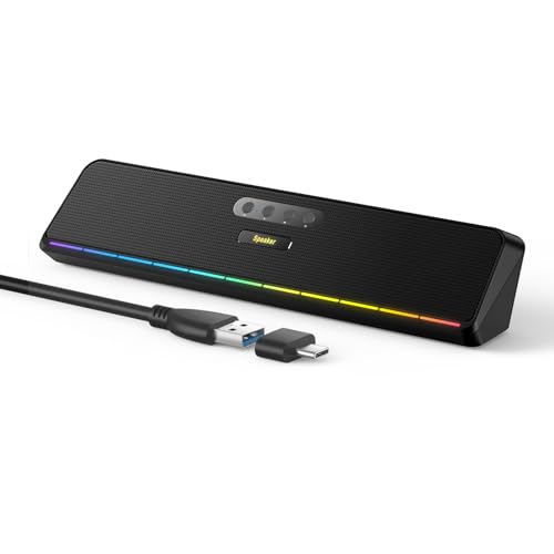 Computer-Lautsprecher für Desktop-Laptop-Tablet, kabelgebunden, USB-Mini-Soundbar-Lautsprecher mit Stereo-Sound, vibrierenden Membranen, fließende LED, Plug-and-Play-PC-Lautsprecher,