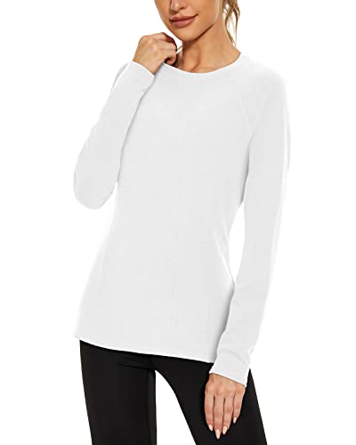 Soneven Warme Basic Langarmshirt Damen Weiß Rundhals Funktionsshirt Damen Langarm Longshirt Sport Oberteile Damen Herbst Laufshirt Thermo Unterhemd S
