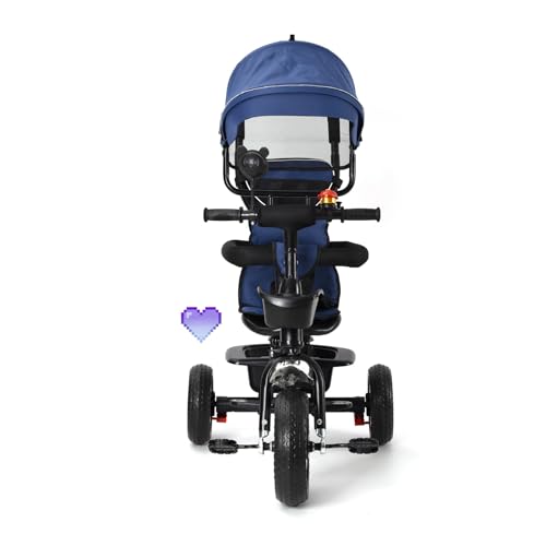 4 in 1 Kinderdreirad Tricycle für Kinder ab 12 Monate bis 5 Jahren mit Abnehmbarer Sonnendach&Schubstange Dreiräder,Jogger, mit Dachfenster, Sicherheitsgurte, Freilaufrad (4 in 1 (Dunkelblau))