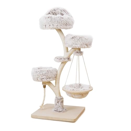 Fudajo Designer Kratzbaum in Zweigdesign 130 cm hoch, Katzenkratzbaum mit Plüsch und Sisal, Kletterbaum für Katzen, Katzenbaum mit Hängeliege