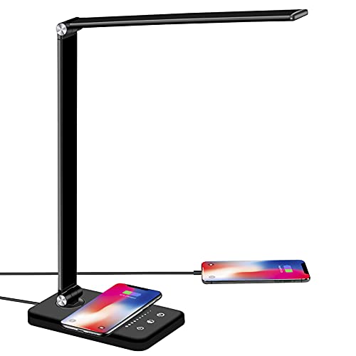 BIENSER Schreibtischlampe LED mit 10W Wireless Charging, USB Ladefunktion, Bürolampe Tischlampe mit 10 Helligkeits X 5 Farbstufen, Augenschonende LED Dimmbar, Sensible Kontrolle, 30/60 min Auto Timer