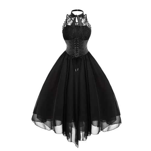 VDDTAGAM Schwarzes Hexenkleid Damen Halloween-Kostüm Mittelalter Kleid Black Dress (Black, S)