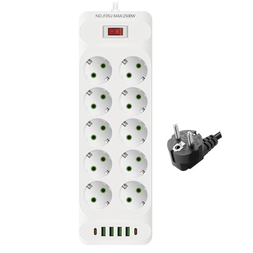 Mineup Steckdosenleiste mit 4 USB, 10-Fach Steckerleiste Überspannungsschutz, Mehrfachsteckdose mit 2 USB C, Steckdosenleiste mit Schalter, Mehrfachstecker Ladeanschlüssen,2M Kabel