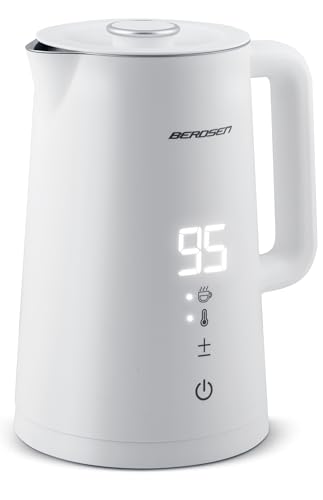 Berdsen Wasserkocher Edelstahl 1,7 L Fassungsvermögen Temperaturwahl Temperatureinstellung Warmhaltefunktion Touchpanel 2200 Watt Doppelwand Pirouettenbasis Wasser Kocher Leise Weiß