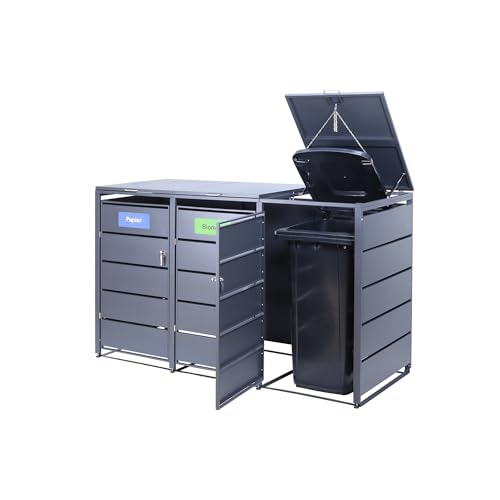 Albatros Mülltonnenbox 3er Tonne | bis 240 Liter | Anthrazitgrau RAL 7016 | verzinkter Stahl | Premium Dämpfer| Aufkleber-Set | wetterfest| verstellbare Füße| Türgriff mit Schloss | Gartenbox