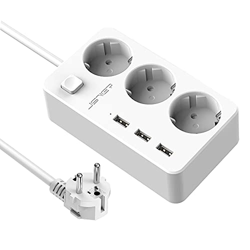 JSVER Steckdosenleiste 3-Fach, Mehrfachsteckdosen mit USB Steckdose 3680W 16A mit 3 USB Ladefunktion(15,5W) mit Schalter, Mehrfachstecker für Home Office 1,5m Kabel-Weiß