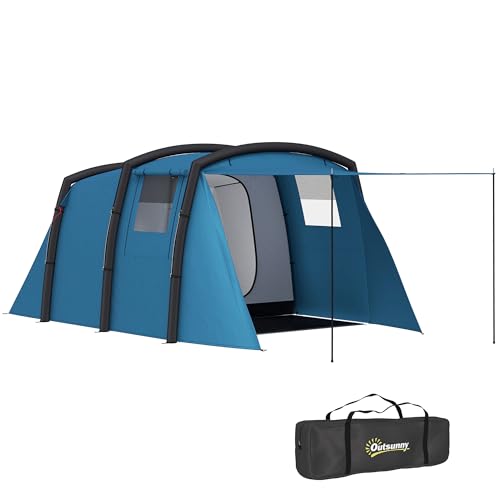 Outsunny Aufblasbares Campingzelt 3-6 Personen Outdoor Tunnelzelt mit Fenstern Tür Bodenplane Aufbewahrungstasche Luftträger Familienzelt UV50+ Luftzelt für 3 Jahreszeiten Winddicht Glamping Zelt