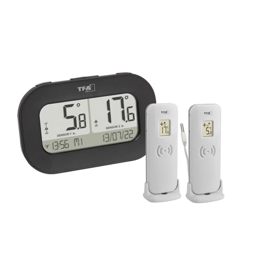 TFA Dostmann Digitales Funk-Thermometer Double-Check, 30.3073.01, mit 2 Sendern (Temperatursender + wasserdichter Kabelfühler), Max.-Min.-Werte, Temperaturalarm mit Aufzeichnung, schwarz