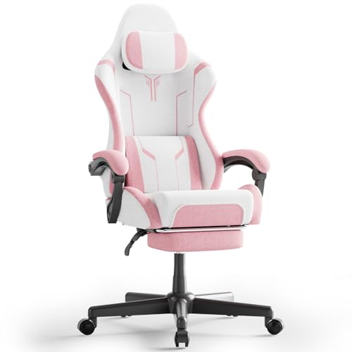 Kidsgigglz Gaming Stuhl mit Lendenkissen, Atmungsaktiver Hochwertiger Stoff & PU-Leder, Ergonomischer Bürostuhl, PC-Stuhl Verstellbare Rückenlehne, Robustes Gaming Sessel Ausziehbare Fußstütze, Rosa