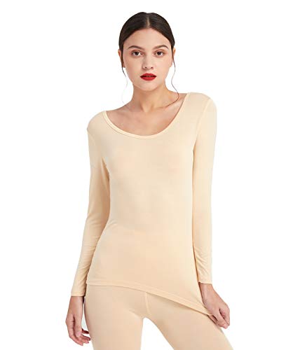 Mcilia Damen Ultradünnes Thermo-Basisschicht Oberhemd aus Modal mit tiefem Rundhalsausschnitt Beige Large (EU 44 46)