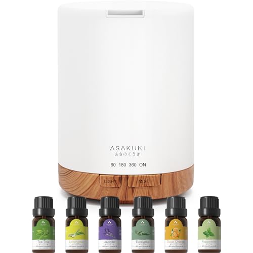 ASAKUKI 300ML Aroma Diffuser mit 6 * 10ML Ätherische Öle Set, Ätherische Öl Diffuser,Ultraschall-Luftbefeuchter für Home Office, 15 Farbe LED mit 4 Timer Einstellung