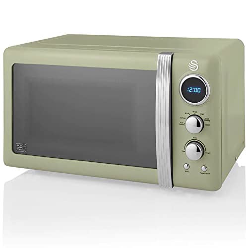 Swan Retro SM22030GNEU Digital Mikrowelle 20L, 5 Leistungsstufen, Auftaufunktion, 60 Minuten Timer, Tür mit Spiegeleffekt, 27cm Drehteller, Vintage Design, Grün, 800W