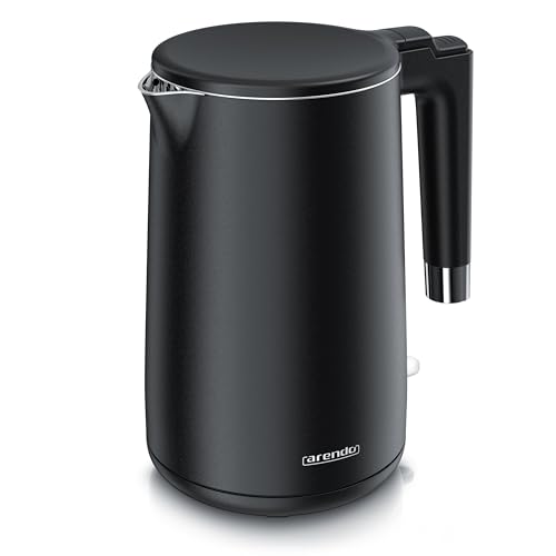Arendo - Wasserkocher Edelstahl – 1,5 Liter - 2200 Watt – Doppelwand-Design – 360° Controller – BPA-frei – Überhitzungs- und Trockengehschutz - schwarz matt
