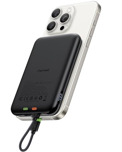 Charmast Mini Powerbank 20W PD 10000mAh Power Bank mit integriertes Ladekabel für iPhone, USB C Externer Akku Anti-Rutsch Tragbares Ladegerät Kompatibel mit iPhone 16/15/14/13/12 Handys
