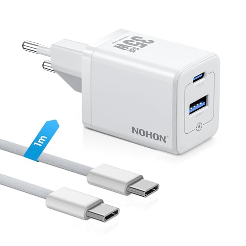 NOHON USB C Ladegerät Schnellladegerät: 35W Netzteil USB C mit 60W Typ-C 1M Ladekabel, 2-Port GaN Handy Ladestecker Kompatibel mit iPhone 15/14/13/12 Mini Pro Max, iPad Air/Pro, Samsung, Pixel (Weiß)