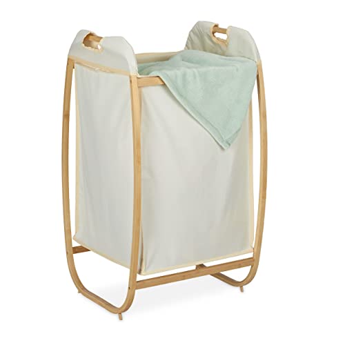 Relaxdays Wäschekorb mit Bambusgestell, ohne Deckel, HBT: 80 x 44 x 43 cm, 70 l Stoffbeutel, Wäschesammler, natur-beige