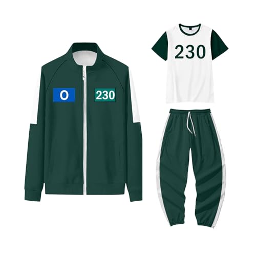 𝙎𝙦𝙪ἰ𝙙 𝑮𝙖𝙢𝐞 Staffel 3 Kostüm Set, Unisex 𝙎𝙦𝙪ἰ𝙙 𝑮𝙖𝙢𝐞 Cosplay Anzug, 3-teiliges Set Bestehend aus Jacke, T-Shirt und Hose, Neue Game Kostüm, Sportlichfür Nummer(Army Green,S)