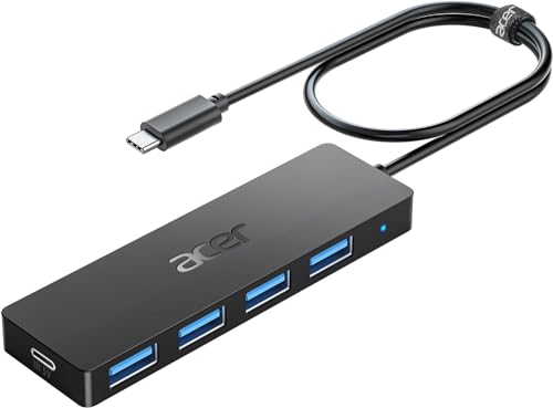 acer USB C HUB 3.0 mit USB-C-Stromversorgung, Ultra Slim Multiport Hub 4 Ports USB 3.0 Adapter für iPhone 15/16 Serie, MacBook/iPad Pro, iMac, Surface Pro, PC, Laptop, Tablets, Tastatur, Maus. -60cm