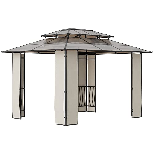 Outsunny Gartenpavillon Pavillon mit Sonnendach aus Polycarbonatplatten UV-Schutz wasserabweisend Robust Braun+Hellgrau 3,65 x 3 x 2,75 m