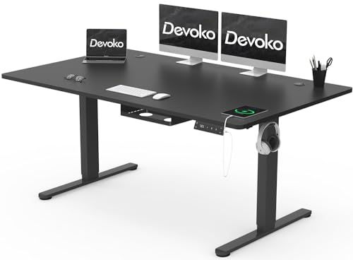 Devoko Höhenverstellbar Schreibtisch 160x80cm mit USB-A Ladeanschluss, Mobiler Elektrisch Computertisch mit Kabel Management Tray und 3-Funktions-Memory, Schwarz