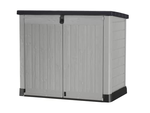 Keter Store it Out Pro Mülltonnenbox mit Gasdruckfeder, wetterfest, abschließbar, grau/schwarz, 1.200 L, 145,5 x 82 x 123cm, passend für 2x240l Abfalltonnen