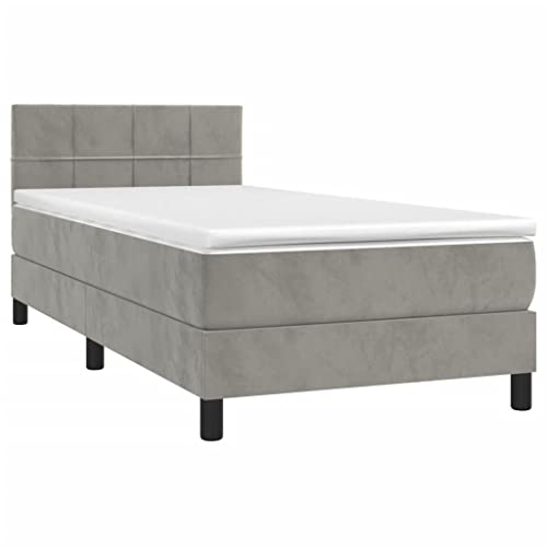vidaXL Boxspringbett mit Matratze Einzelbett Polsterbett Bett Hotelbett Bettgestell Bettrahmen Lattenrost Schlafzimmerbett Hellgrau 90x200cm Samt