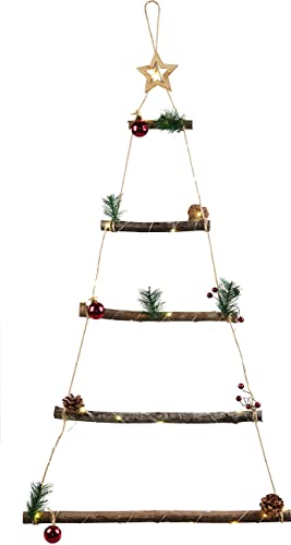 infactory Weihnachtsbaum Holz: Deko-Holzleiter mit 30 LEDs, Weihnachtsbaum-Form zum Aufhängen, 60 cm (Leiter als Weihnachtsbaum, Deko Weihnachtsbaum Holz, Lichterketten)