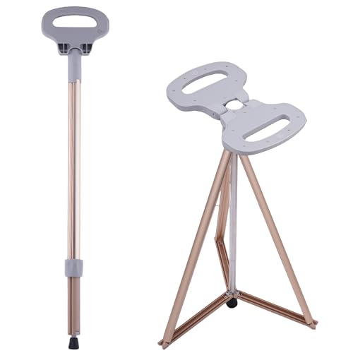 ALEVMOOM Klappbarer Gehstock mit Sitz,Tragbarer Spazierstock mit Sitzfläche,Aluminium-Krücken mit Sitz,Teleskop Sitzstock,Verstellbarer Dreieckshocker,Robust und sicher,Tragfähigkeit 250kg