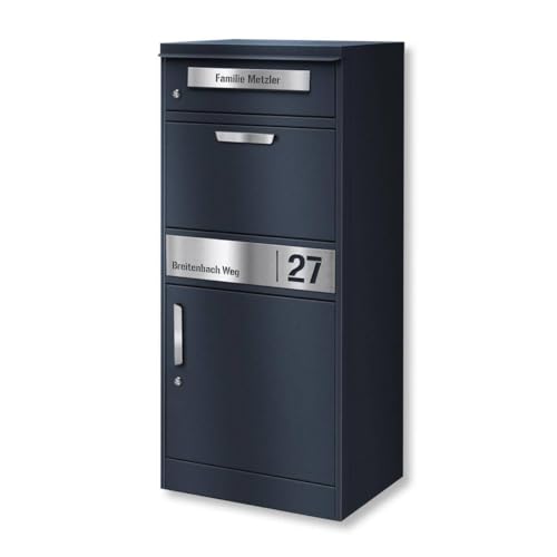 Metzler Briefkasten und Paketbox rostfrei und massiv, paketbox draussen groß XXL, Standbriefkasten modern, Paketkasten, Postbox in RAL7016 Anthrazitgrau mit Namensgravur, Modell Bispo 2