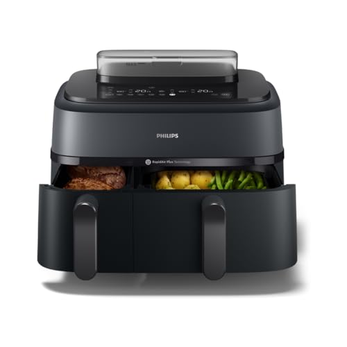 Philips Airfryer Dual Basket mit Steam 5000 Series, Heißluftfritteuse & Dampfgarer in einem Gerät, 9L 2 Körbe, RapidAir Plus Technologie, 19 Kochfunktionen, 90% weniger Fett, Dampfreinigung (NA550/00)