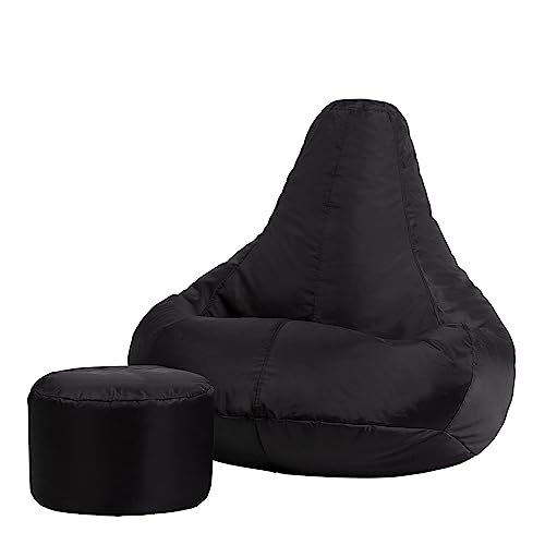 Bean Bag Bazaar Gaming Sitzsack „Recliner“ mit Hocker, Schwarz, Gamer Sitzsack für Erwachsene und Kinder, Indoor Outdoor Sitzsack Sessel Gaming mit Füllung