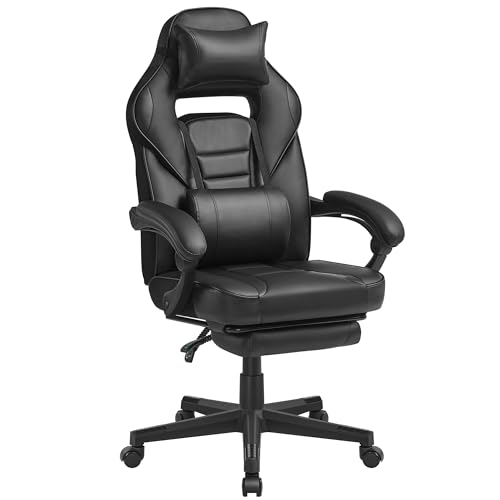 SONGMICS Bürostuhl, Gaming-Stuhl, verstellbar, Teleskop-Fußstütze, Wippmechanismus, Kopfstütze, Lendenwirbelstütze, Belastung 150 kg, Tintenschwarz OBG073B05