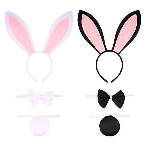 BOFUNX 2 Sets Hasenohren und Schwanz Set, Bunny Ohren Haarreif Kostüm Set Kaninchen Haarreif Kragen und Schwanz für Kinder Erwachsene Karneval Cosplay Kostüm Party