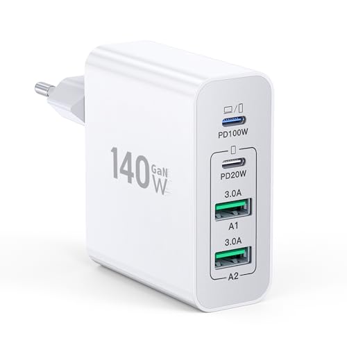 USB C Wandladegerät 140W Schnellladegerät Dual USB-C und Dual USB-A Netzteil, 100W für MacBook Pro Air, 4 Ports Mehrfach Ladegerät Stecker Adapter für iPhone 16 15 14 13 12, iPad, Galaxy Serie