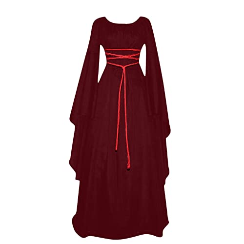 Mittelalter Kleidung Damen Halloween Fasching Strickkleid Ballkleider Hexe Geist Sexy Kleidung Party Karneval Kleid Festival Outfit Damen Angebote des Tages Heute Wein XL