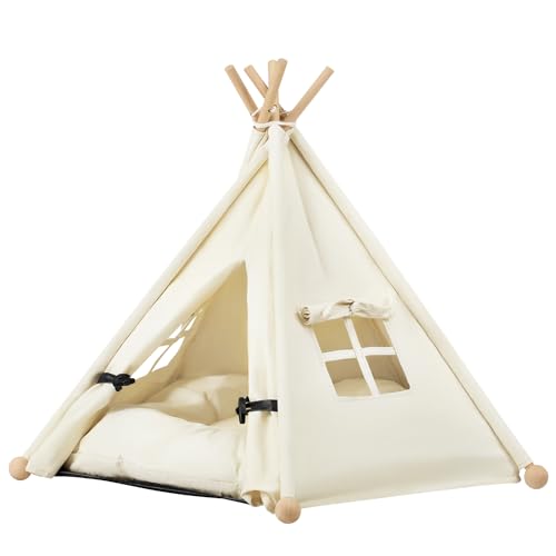 EUGAD Tipi Zelt für Haustiere, 45x63x45 cm, Hundezelt Katzenzelt abnehmbar waschbar, Katzenhöhle Hundehöhle, Hundehütte Indoor, Hundehaus Katzenhaus mit Kissen, weiß, 0043GD