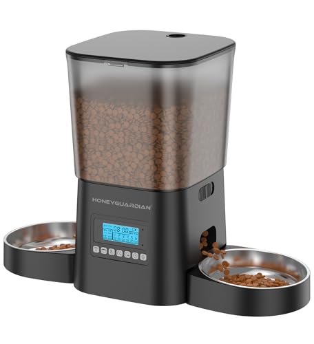 HoneyGuaridan Futterautomat Katze 2 näpfe, Futter für 2 Katzen gleichmäßig verteilen, 3.5L Automatischer Futterspender für Katzen & Hunde, Edelstahlschüssel, Sprachaufzeichnung,1-6 Mahlzeiten/Tag