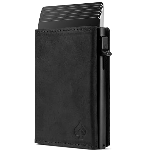 CARD Nine! Magnet Kartenetui - Premium Slim Wallet - Geldbörse mit RFID-Schutz - Portemonnaie für Damen & Herren - Geldbeutel mit Magnetverschluss (Crazy-Horse-Leder Schwarz, Mit Münzfach)