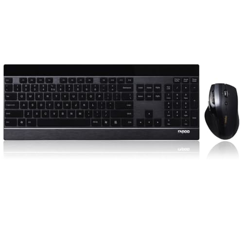 Rapoo 8900P kabelloses Tastatur-Maus Set Wireless Deskset 1600 DPI Laser Sensor 12 Monate Batterielaufzeit ergonomisch für Rechtshänder DE-Layout QWERTZ PC & Mac - schwarz