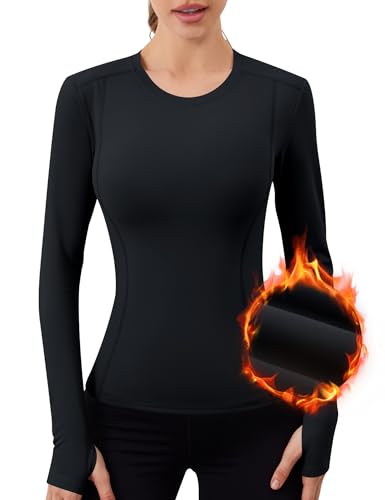 IECCP Thermoshirt Damen Langarm Kompressions Oberteil atmungsaktive Thermo Langarmshirt Fleece Laufshirt Thermounterwäsche mit Daumenlöcher für Wärme Schwarz M