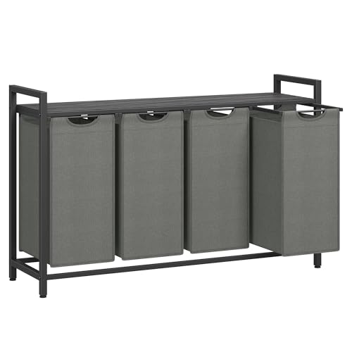 VASAGLE Wäschekorb 4 Fächer, Wäschesammler mit Ablage, Wäschebox, Wäschesack aus Oxford-Gewebe ausziehbar abnehmbar, Metallrahmen, 4 x 40 L, 116 x 33 x 72 cm, schwarz-grau BLH401G01
