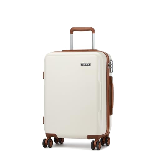 KONO Handgepäck Koffer Hartschalen Leicht ABS+PC Koffer Klein Reisekoffer mit TSA Schloss und 4 Rollen 55×38×20, 33L, Weiß/Braun