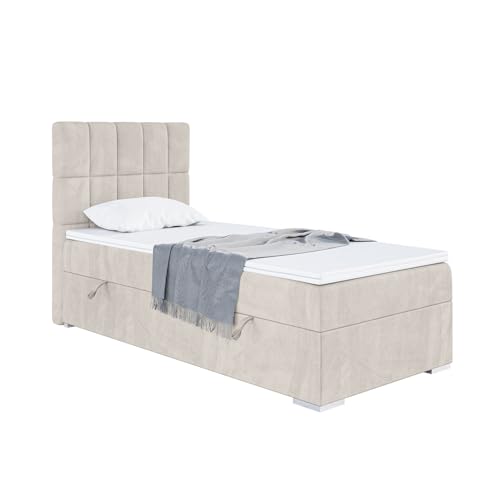 MEBLINI Boxspringbett mit Bettkasten - Gepolstert Einzelbett mit Matratze und Topper - Polsterbett mit Stauraum - Bett mit Kopfteil - Stauraumbett - Lukas - 100x200 Links - H4/Beige Samt