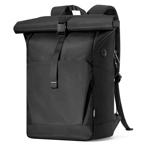 Inateck 25L-30L RollTop Rucksack Herren Damen 17 Zoll Laptop Rucksack Schwarz Fahrradrucksack Tagesrucksack mit separatem Schuhfach, Schulrucksack für Uni/Pendeln/Freizeit/Arbeit/Sport/Reisen